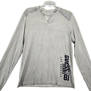 Guess Gray Shirt Classic Long Sleeve Tee V-Neck Grunge Lightweight Logo Men's XS